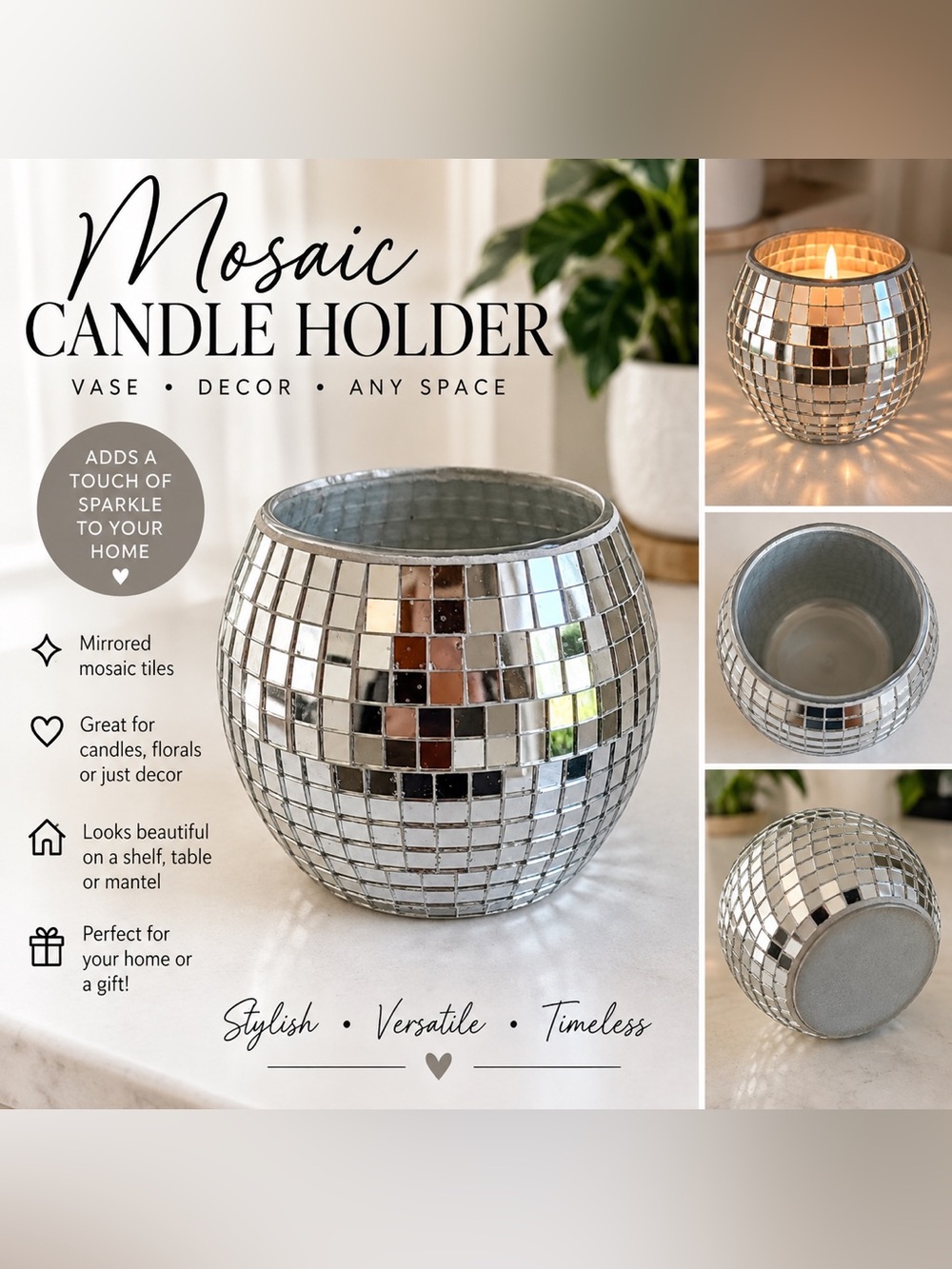 Mosaic Candle Holder - Silver Mirror Accent